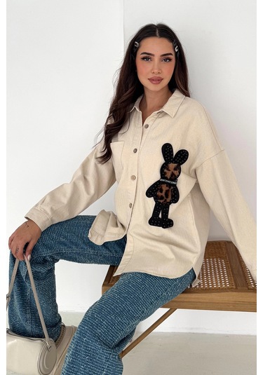 Leopar Ayıcık Armalı Gabardin Kumaş Gömlek Krem Krem