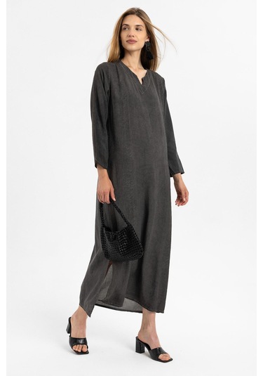 Siyah İşlemeli Uzun Kollu Astarsız Pamuklu Uzun Elbise-siyah Siyah