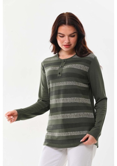 Sistas Kadın Desenli Bisiklet Yaka Uzun Kol Bluz 23596 Yeşil