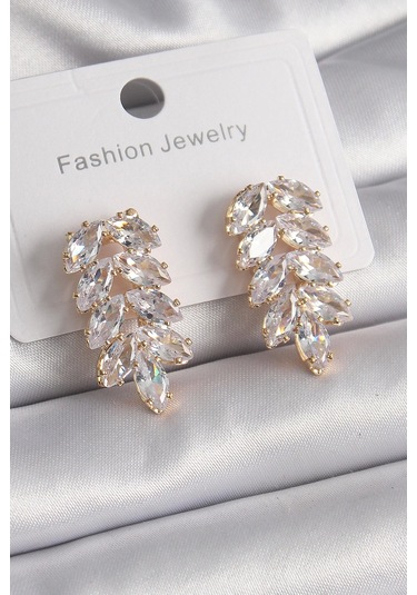 Pirinç Gold Renk Zirkon Taşlı Yaprak Model Kadın Küpe Çok Renkli