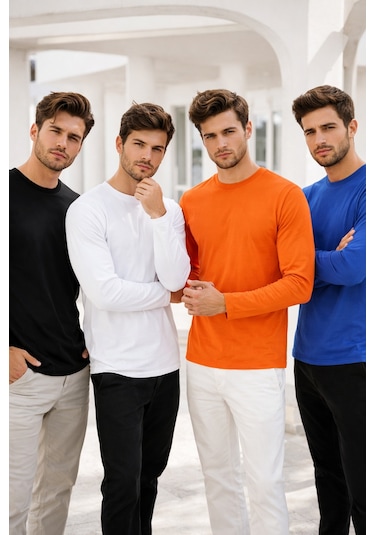 Rich Erkek Siyah-beyaz-turuncu-mavi 4'lü Paket Basic Uzun Kollu Sporcu Body Çok Renkli
