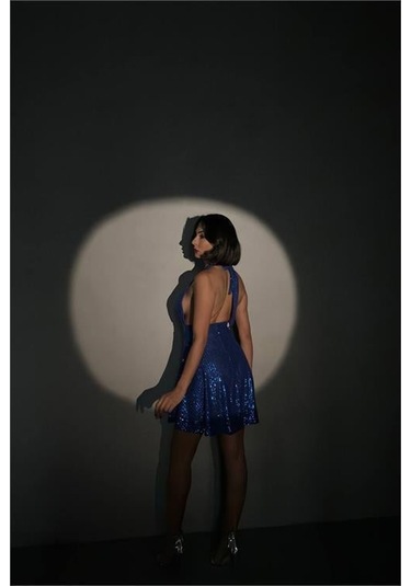 Kadın Mavi Halter Yaka Payet Elbise Dpnbdf046 Mavi