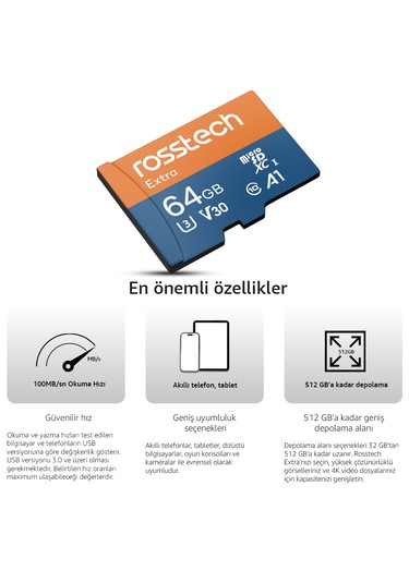 Rosstech Extra 64gb Microsdxc V30 Uhs-3 C10 100mb/sn Hafıza Kartı