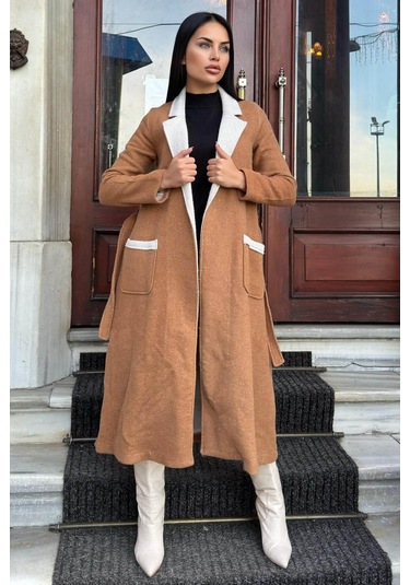 Taba Çift Taraflı Kruvaze Yaka, Kuşaklı, Yumoş Dokulu, Duble Kaşe Uzun Ceket Taba