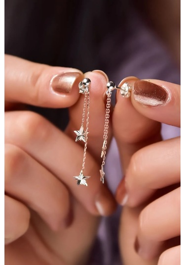 925 Ayar Gümüş Rose-rodyum Kaplama Kalemli Çift Zincir Yıldız Küpe