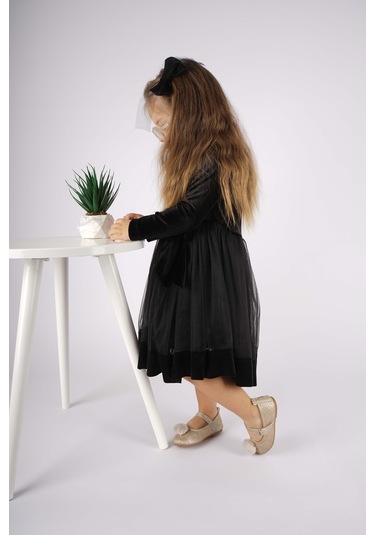 Kız Çocuk Yılbaşı Temalı Fiyonklu Eteği Tül Uzun Kol Elbise Siyah