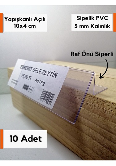 10 Adet Pvc Etiketlik 10x4 Cm Arkaya Yatık Yapışkanlı Raf Önü
