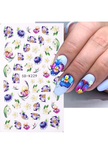 Mor Çiçek 5 D Manikür Dekorasyon Için Holigrafik Yaprak Su Çıkartmaları 5 D-k226