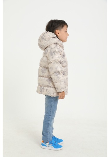 Erkek Çocuk Bej Pusula Desen İçi Polar Su Ve Rüzgar Geçirmez Kapüşonlu Cepli Şişme Kışlık Mont Bej