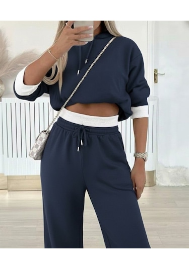 S-pazarım Kadın Uzun Kollu Kapşonlu Viskon Iki Iplik Füme Bluz Ve Pantolon Ikili Takım Gri