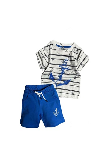 Riccotarz Erkek Bebek Çapa Baskılı Kısa Kol Çizgili Tişört Mavi Şortlu Takım Mavi