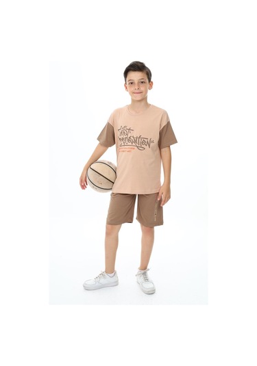 Erkek Çocuk Kısa Kollu Yazı Baskılı Şortlu Takım-5893-Kahverengi