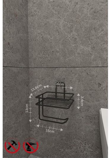 Siyah Güçlü Yapışkanlı Yedek Raflı Tuvalet Kağıtlık Banyo Düzenleyici Renkli