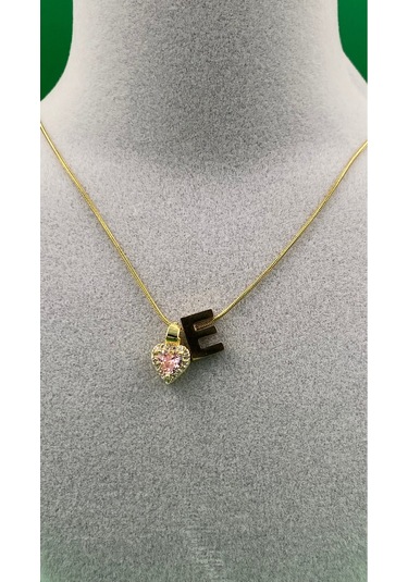 14k Altın Renginde E Harf Pembe Kalpli Minimal Çelik Kadın Kolye Altın