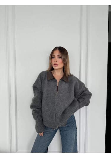 Deri Yakalı Pamuk Dokulu Çift Taraflı Çalışan Fermuar Ceket - Füme Füme