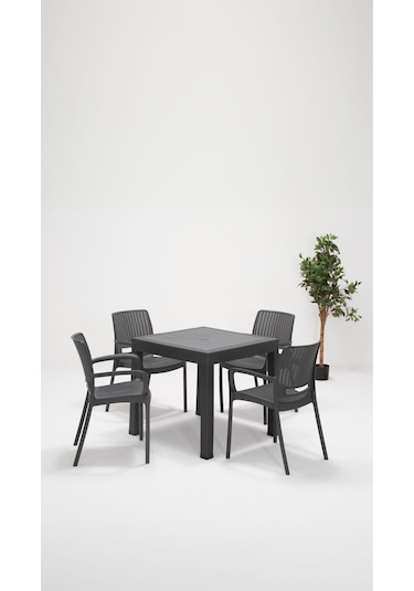 Rattan Lüx Bahçe Balkon Teras Masa Seti - Antrasit 80x80 CM Gri