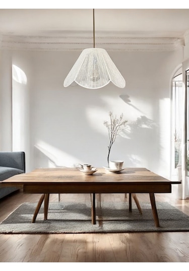 Hasır El Yapımı Bohem Çiçek Şekilli Rustik Avize - Beyaz Beyaz