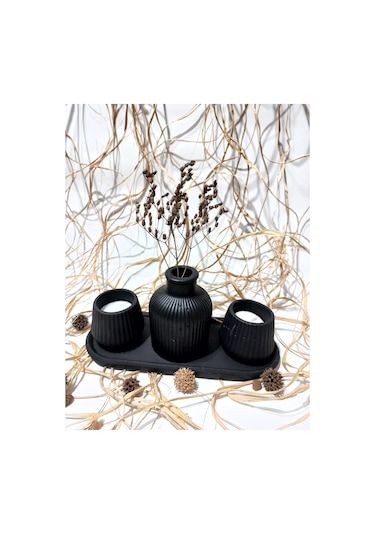 Küp Vazolu Tabaklı Tealight Mumluk Set Siyah