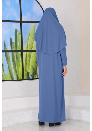 Tek Parça Namaz Elbisesi Indigo Mavi-20993 Gül Kurusu