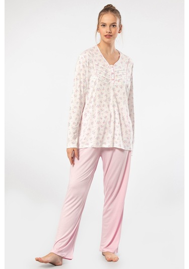 Türen 3366 Kadın Büyük Beden Uzun Kollu Pijama Takım-pembe Pembe