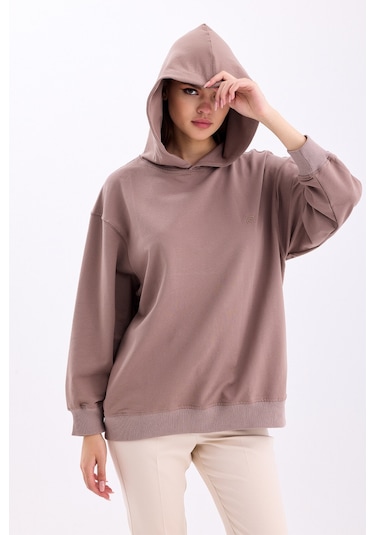 Pastelastore Pamuklu Kapüşonlu 2 İplik Baharlık Oversize Sweatshirt Vizon