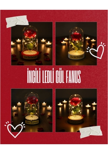 İncili Işıklı Ters Fanus İçinde Gül Obje