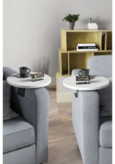 İkili Yan Sehpa Ayarlanabilir Tepsi Yuvarlak Beyaz