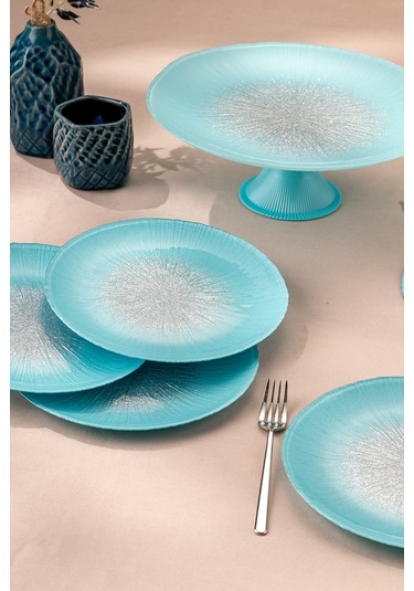 Emsan Pastel 7 Parça Cam Pasta / Tatlı Seti Mavi Mavi