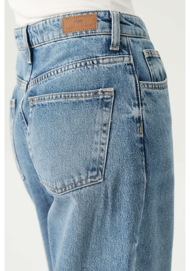 Orta Mavi Yüksek Bel Patı Fermuarlı Loose Jean Pantolon C 4934-017 Mavi