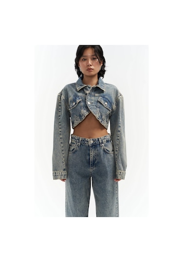 Mai Collection Mai Studios Co. Cali Çapraz Detay Kirli Yeşil Crop Jean Ceket Mavi