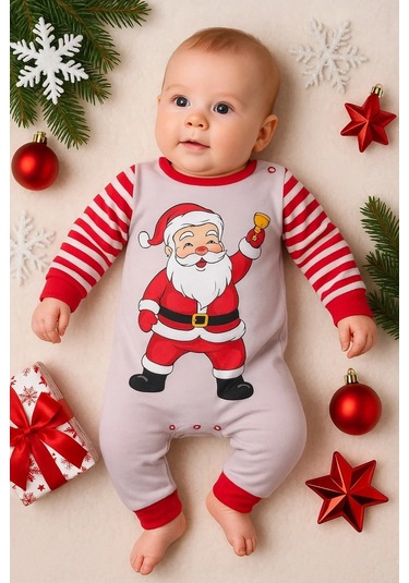 Pekminibebe Noel Baba Detaylı Bebek Tulum Pamuk Kırmızı