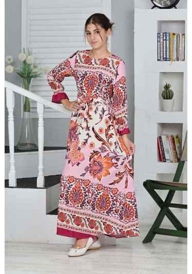 Kız Çocuk Viskon Kumaş Desenli Uzun Elbise Fuşya