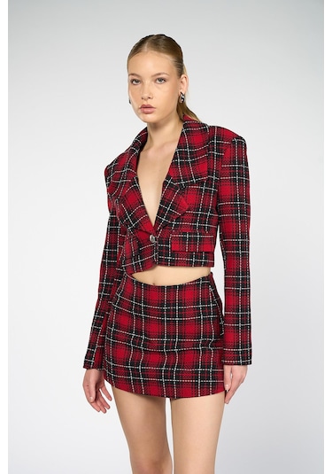 Kadın Kırmızı Ekoseli Crop Blazer Kırmızı