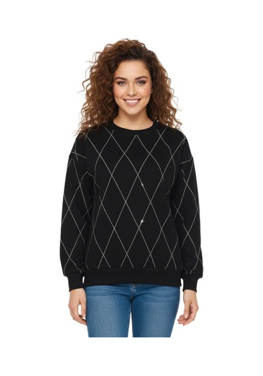 Baglan Kadın Sıfıryaka Sweatshirt Taşlı Bgl-st05060 Siyah