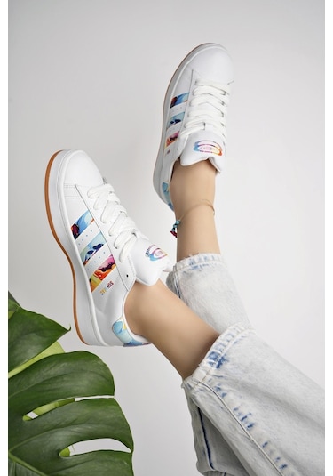 Muggo Flower Garantili Kadın Ortopedik Günlük Bağcıklı Yürüyüş Koşu Sneaker Spor Ayakkabı 001