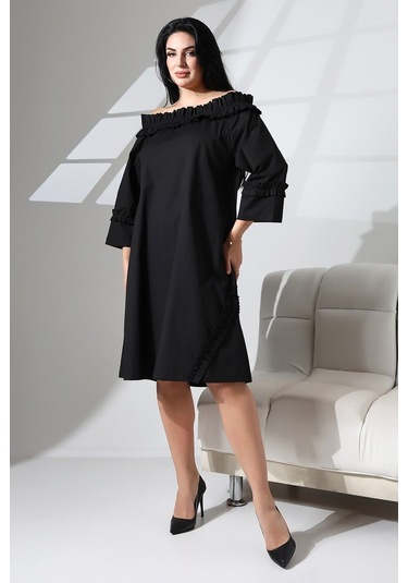Schık Schık Kadın Yaka Büzgülü Kol Ve Etek Ucu Fırfır Detay Cepli Elbise Siyah Sckwm24el02 Siyah