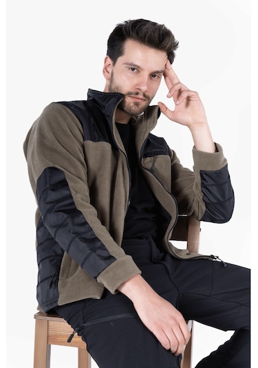 Omuz Ve Dirsek Takviyeli Polar Ceket Haki - Siyah