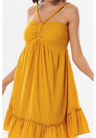 Alanya Boyundan Bağlamalı Kısa Yazlık Müslin Elbise Hardal Hrd-hardal