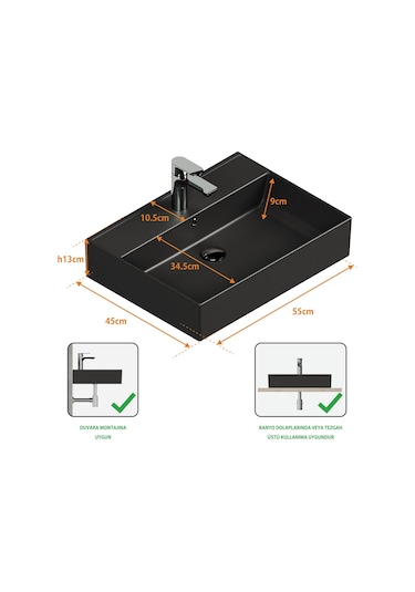 Aqua Bagno Plan Tezgah Üstü Kare Lavabo 55 x 45 CM Mat Siyah