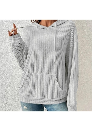 Gmxıa Kadın Modası Rahat Düz Renk Baskı Sonbahar Kış Uzun Kollu Kapşonlu Gevşek Pit Kanguru Cepli Kapşonlu Gri