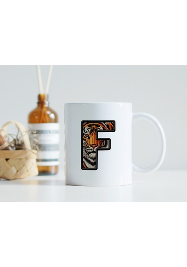 F Harfi Kaplan Figürlü Nakış Desenli Kupa Bardak - Kişiye Özel Vahşi Hayvan Desenli Kupa - Hediye Beyaz