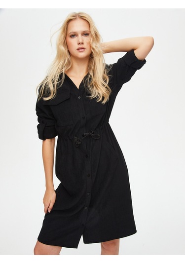 Kendinden Dokulu Şönil Gömlek Elbise 69228 U6922810 Siyah