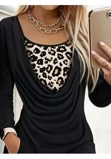 Kadın Uzun Kollu Degaje Yaka Leopar Detaylı Cepli Kısa Sandy Elbise Siyah