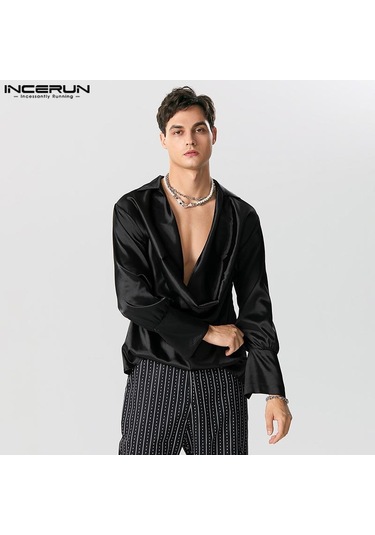 Incerun Salıncak Yaka Erkek Hollow Out Uzun Kollu Saten Üstler Bej