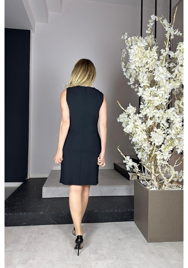 G0987 Drapeli Kolsuz Elbise Siyah-siyah