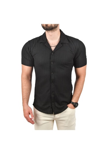 Deepsea Erkek Siyah Slim Fit Pamuklu Apaş Yaka Kısa Kol Penye Gömlek Dokulu Jakar Kumaş Dar Kesim Spor Gömlek 2501216 Siyah