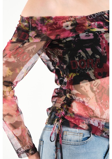 Düşük Omuz Büzgülü Bluz Pembe