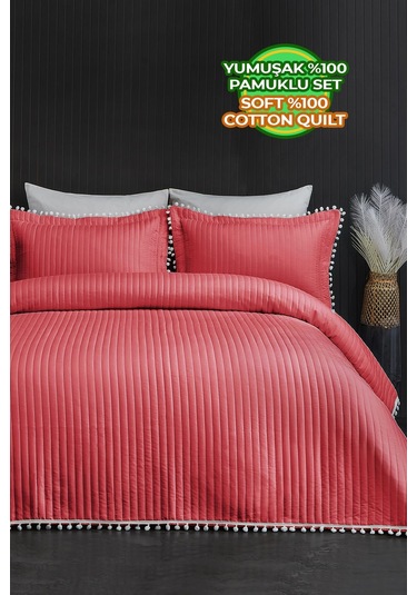 Evlen Home Ponponlu Çift Kişilik %100 Pamuk Yatak Örtüsü Pike Takımı Kırmızı