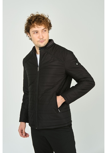 Lucas Erkek Dik Yaka Deri Biyeli Çift Cepli Mont 4707 Siyah Siyah