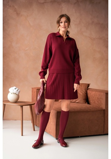 Kadın Polo Yaka Düşük Kol Kazak Kısa Etek İkili Triko Takım Bordo